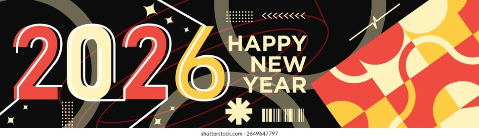 Happy New Year 2026 Banner with Modern Typography and Abstract Geometric Patterns Colorful Vector Illustration for New Year Celebration Design