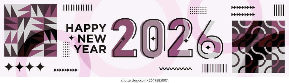Happy New Year 2026 Banner with Modern Typography and Abstract Geometric Patterns Colorful Vector Illustration for New Year Celebration Design