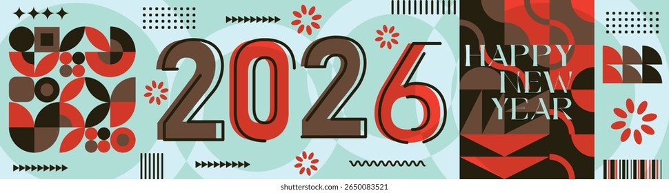 Happy New Year 2026 Banner with Modern Typography and Abstract Geometric Patterns Colorful Vector Illustration for New Year Celebration Design