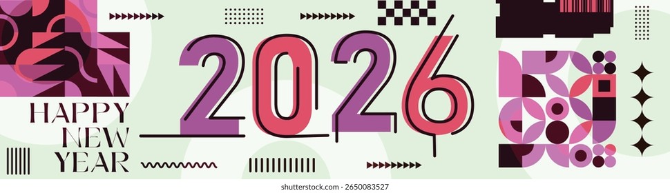Happy New Year 2026 Banner with Modern Typography and Abstract Geometric Patterns Colorful Vector Illustration for New Year Celebration Design