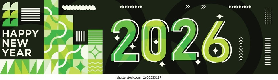 Happy New Year 2026 Banner with Modern Typography and Abstract Geometric Patterns Colorful Vector Illustration for New Year Celebration Design