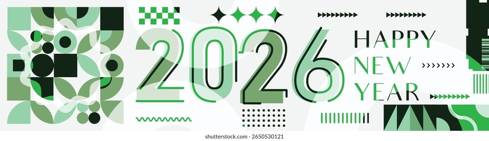 Happy New Year 2026 Banner with Modern Typography and Abstract Geometric Patterns Colorful Vector Illustration for New Year Celebration Design