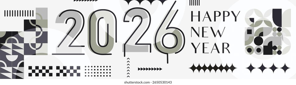 Happy New Year 2026 Banner with Modern Typography and Abstract Geometric Patterns Colorful Vector Illustration for New Year Celebration Design