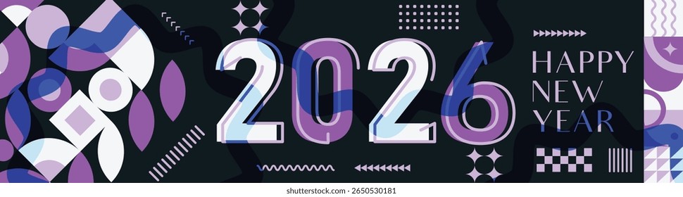 Happy New Year 2026 Banner with Modern Typography and Abstract Geometric Patterns Colorful Vector Illustration for New Year Celebration Design