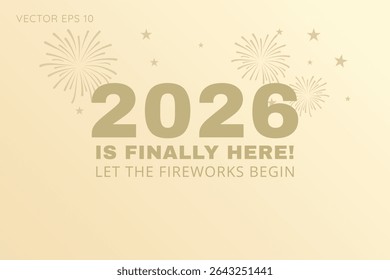Happy New Year 2026 Beige Background with Fireworks and Bold Text