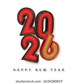 Happy New Year 2026 Bold 3D Text Design in Red and Gold, Modern Holiday Celebration Concept with Glossy Numbers on White Background. Vector Illustration.