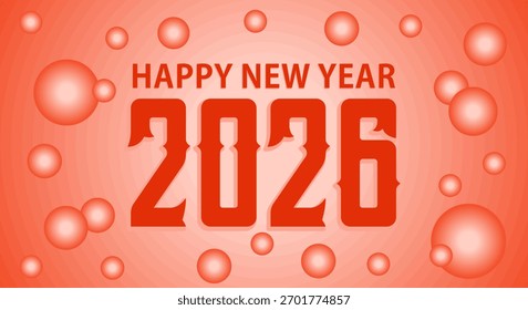 Frohes neues Jahr 2026 mit Blasen-Design auf orangefarbenem Hintergrund.