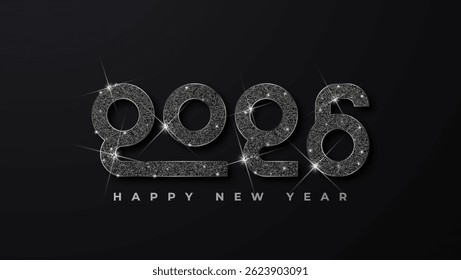 Happy new year 2026 celebration typography text poster design. Shiny silver numbers and dark background vector illustration.