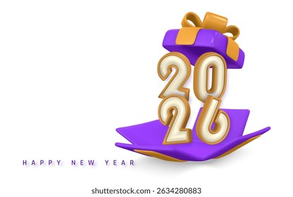 Happy New Year 2026 Celebration With 3D Gift Box, Gold and Purple Numbers in Festive Style. Vector Illustration.