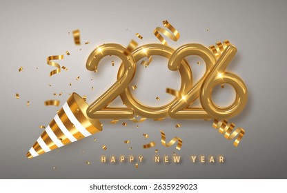 Happy New Year 2026 Celebration With Golden Numbers, Confetti, and Party Popper on a Grey Background. Elegant Festive Holiday Design. Vector Illustration.