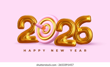 Feliz Ano Novo 2026 comemoração banner com números de balão dourado, dardo atingindo alvo, e fundo rosa. Modelo de saudação de feriado festivo para convite de festa de Ano Novo, web e mídias sociais.