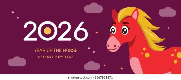 happy new year 2026, Chinese new year, year of the horse, Chinese zodiac horse in geometric flat modern style, background, banner, social media story template.