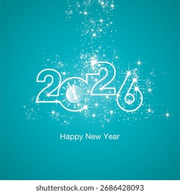 Feliz año Nuevo 2026 reloj de cuenta regresiva carga de luz brillante fuegos artificiales blanco mar verde azul color Vector logo icono