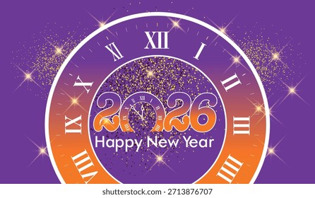 Feliz Ano Novo 2026 modelo de relógio. 2026 modelo de saudação luxuoso. rosa Feliz Ano Novo 2026 Vetor