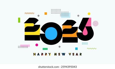 Happy New Year 2026, colorful letters and elements in Memphis style. Horizontal number 20 26 template for New Year's cards or calendar covers. Vector illustration
