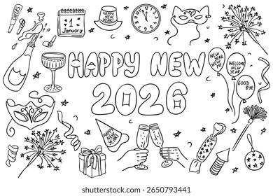 Happy New Year 2026 coloring page with festive elements like balloons, champagne, masks, fireworks, and confetti. Concept of celebration, joyful holiday spirit, and creative activity.