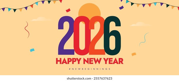 Happy new year 2026. 2026 new year colourful cover or social media banner to wish people. New Year Celebration and Wish poster, calendar, flyer with confetti and celebration elements.