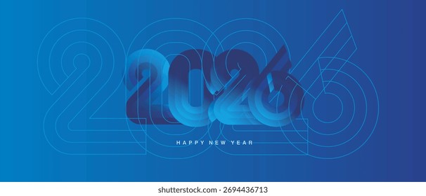 Feliz año Nuevo 2026. Combinación de Pequeño tipo negro y tipografía de contorno Grande en forma de cinta para el año 2026. Abstractas fondo azul claro y azul de neón