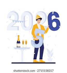 Happy New Year 2026 concept Man with champagne glasses and number 2026. Vector illustration