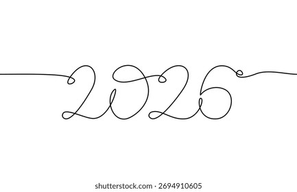 Happy New Year 2026 with continuous one line hand drawn. Vector Flat Illustration.