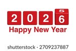 Happy New Year 2026 Countdown – Flipboard and Dice Style Number Transition, Red 3D Block Calendar Design Vector Illustration