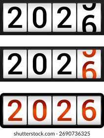 Frohes neues Jahr 2026 Countdown. Frohes neues Jahr 2026 Vektorgrafik mit Zähler. Elektrisches Messgerät mit Zahlen. Anzeige des Kilometerzählers. Wählen Sie mit Watt. Geräteanzeige.