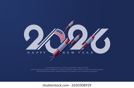 Happy new year 2026. Creative new year 2026 concept with American rocket fireworks.