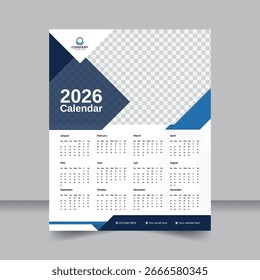 Happy New Year 2026, Creative Wall Calendar Template, Clean and Stylish Modern Design
