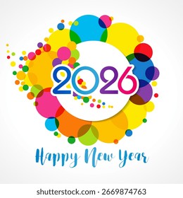 Feliz año Nuevo 2026 sello creativo. Círculo colorido, elemento gráfico de papel 3D, diseño de bola de Navidad. Icono de Web, fondo blanco. Tarjeta de felicitación cuadrada.