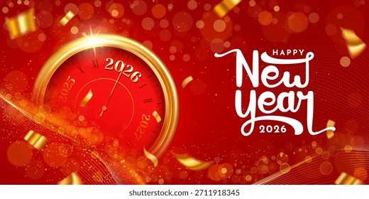 happy new year 2026 creative abstract red bokeh background with golden clock