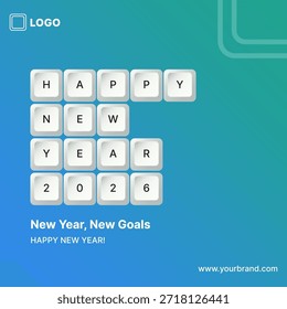 Feliz año Nuevo 2026 concepto de saludo creativo. Teclas de teclado de computadora deletreando "Feliz año Nuevo 2026" sobre un fondo degradado púrpura de moda. Ilustración vectorial moderna adecuada para publicaciones en redes sociales, objetivos comerciales, Plantillas de marketing corporativo y Anuncios digitales.