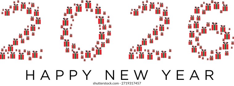 Feliz año Nuevo 2026 diseño creativo hecho de iconos de cajas de regalo sobre fondo blanco, tipografía festiva de Vector para tarjeta de felicitación o Anuncio promocional
