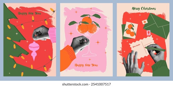 Happy new year 2026 design. With hands holding glass of champagne and toy. Colorful collage style illustrations. Vector design for poster, banner, greeting and merry christmas 2026 celebration.	