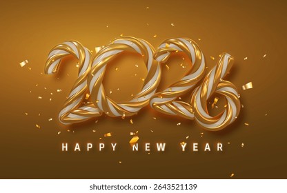 Happy New Year 2026 Design with Shiny Gold 3D Numbers, Twisted Ribbon Style, and Festive Confetti on Elegant Background. Perfect for Holiday Greeting. Vector Illustration.