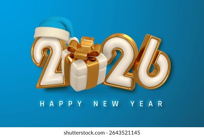 Feliz Ano Novo 2026 Design com caixa de presente, Números dourados e Chapéu de Santa no Fundo Azul. Estilo de celebração de feriado festivo para saudação ou banner. Ilustração de vetor.