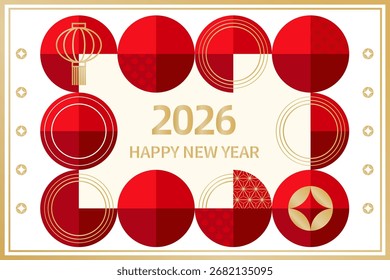"Happy New Year 2026" design with a gold border, featuring red and gold circles, a lantern, and geometric patterns.
