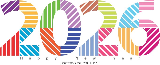 happy new year 2026 with diagonal stripes many color inside, 2026 vector illustration, isolated on white background.