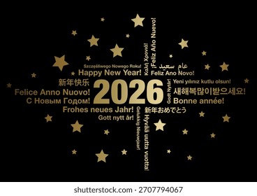Frohes neues Jahr 2026 in verschiedenen Sprachen Wort Cloud Grußkartenkonzept auf dunklem Hintergrund, Vektorgrafik