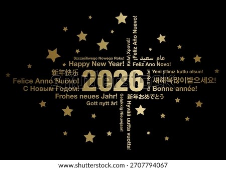 Happy New Year 2026 in different languages word cloud greeting card concept on dark background, vector illustration