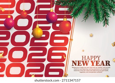 Feliz Ano Novo 2026 Dinâmico Gráfico Vermelho e Branco, Fundo de férias moderno com sobreposição 2026 e ornamentos, vibrante Ano Novo Modelo de mídia social Post com Pinus Branches