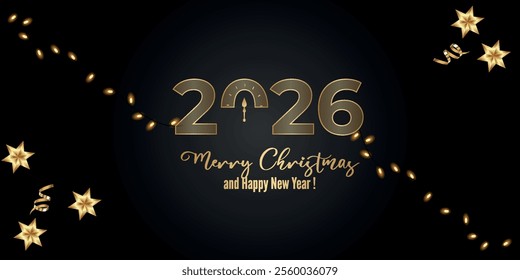 Happy New Year 2026 Elegant gold text with balloons and confetti. Realistic vector illustration