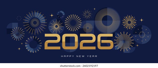 Happy New Year 2026 elegant greeting banner, card, poster, cover with golden fireworks, numbers and geometric pattern on night background. Trendy design template