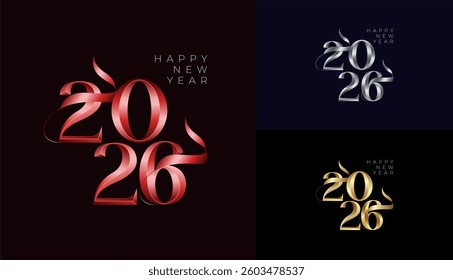 Happy New Year 2026 elegant 3d silver in gold with ribbon, celebration, greeting card, invitation, calendar concept. Design template post new year 2026.
