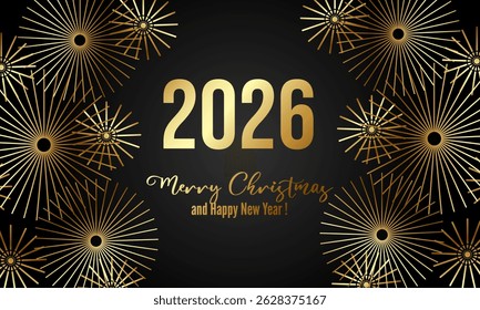 Feliz año Nuevo 2026 Elegante texto dorado con globos y confeti. Vector realista