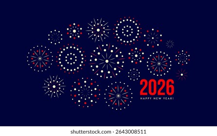 Happy New Year 2026 with Fireworks Display and Festive Celebration Theme. Elegant Holiday Card Design for Party, Invitation, or Digital Greeting. Vector Illustration.