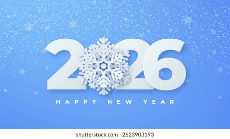 Happy New Year 2026 in the form of realistic, 3D stylized numbers, accompanied by white snowflakes. This symbol is suitable for posters, banners, greeting cards and other layout designs.