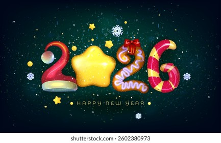 Happy New Year 2026. Funny design from numbers in the shape сolorful decorations for Merry Christmas postcard for 2026. Card template
