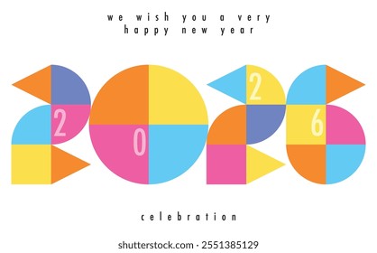 Feliz Año Nuevo 2026 Formas geométricas de varios colores con fondo de color blanco. Feliz Año Nuevo 2025 Diseño de texto. La Plantilla del diario de negocios para 2025 Feliz Año Nuevo.