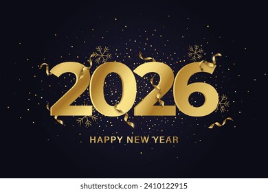 happy new year 2026 with gold numbers ,star and gold ribbon