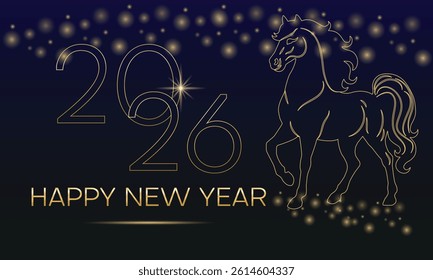 Happy new year 2026, gold numbers with golden Christmas decoration, symbol of the year Horse, glare and confetti on dark, red, blue background. Holiday card, banner design